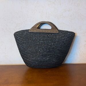 Black Straw Woven Handbag with Faux Wooden Handles